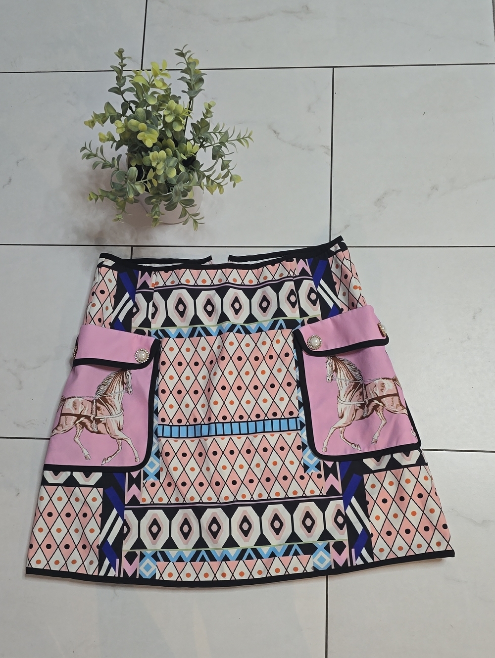Pink Geometric Mini Skirt with Horse Pocket Detail